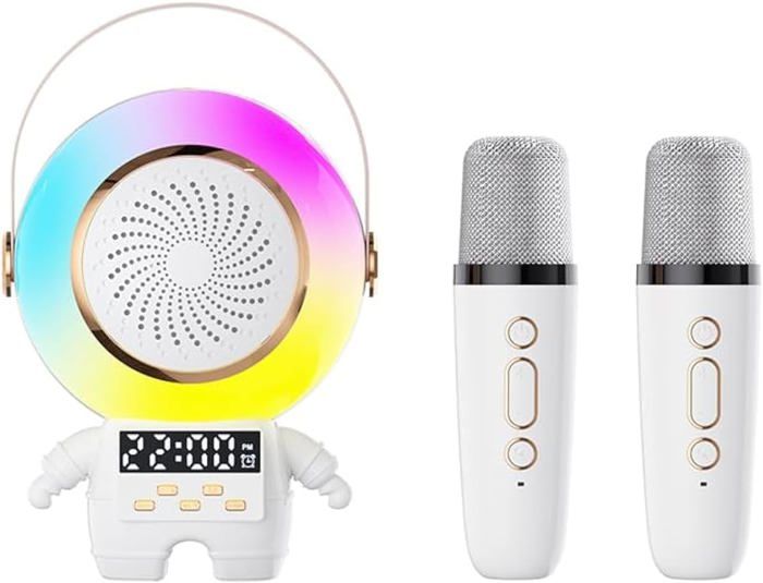 Machine de karaoké astronaute avec deux microphones sans fil, haut-parleur Bluetooth portable avec réveil, lumière ambiante.