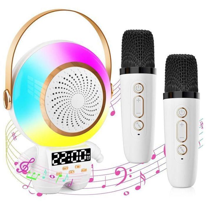 Machine de karaoké pour enfant astronaute avec deux microphones sans fil, haut-parleur Bluetooth portable avec réveil.