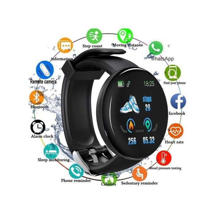 Montre Connectée de Sport D18 pour Hommes - Noir