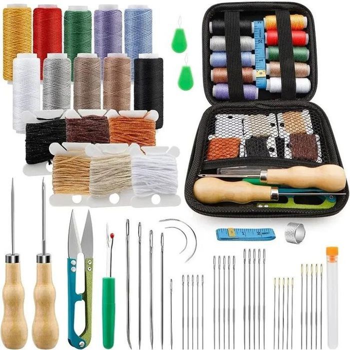 Kit d'Outils de Couture en Cuir avec Fil Ciré et Enfileur - Multicolore
