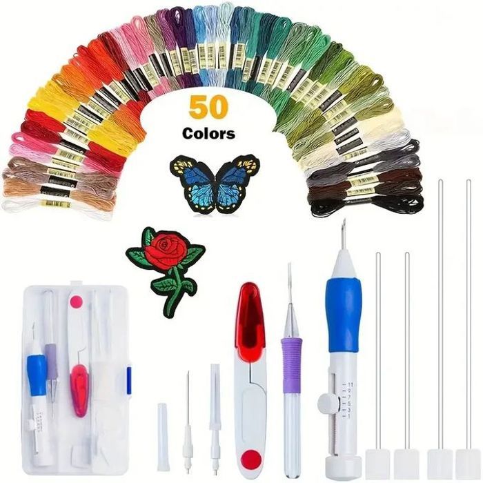 Kit de Broderie Punch Needle - Débutants Adultes, 50 Couleurs, Fil à Broder