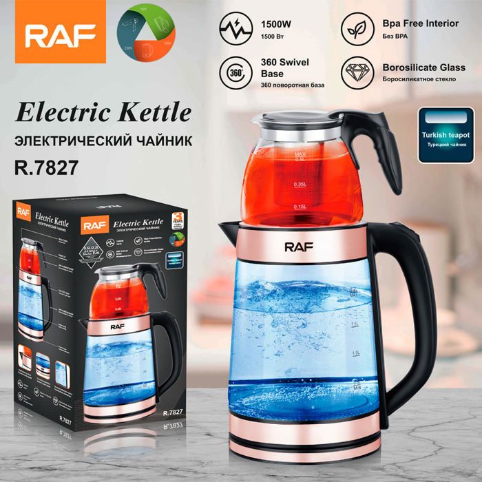 Inttox-Samovar BOUILLOIRE Électrique à Double Pot en Verre - Théière Électrique Russe et Turque avec Infuseur (0.5L + 2.2L)