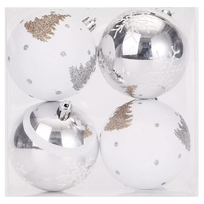 Lot de 4 boules fantaisie en plastique blanc/argent 8 cm