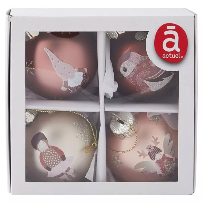 Lot de 4 boules de Noël en verre rose/champagne/bordeaux 6CM
