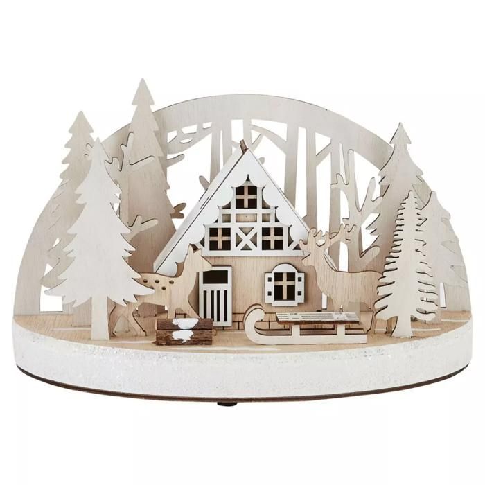 Décoration en bois maison dans la forêt à LED - 25 cm