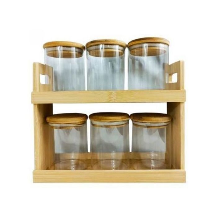 Boîtes à Épices Hermétiques en Verre - Support en Bambou - Pots à Épices - 6 Pcs