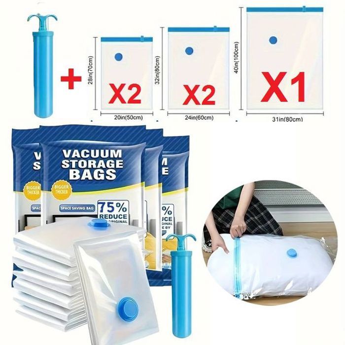Sacs de Rangement Sous Vide - GENERIC - Lot de 5 - Pompe Manuelle - Compression 80% - Protection Humidité