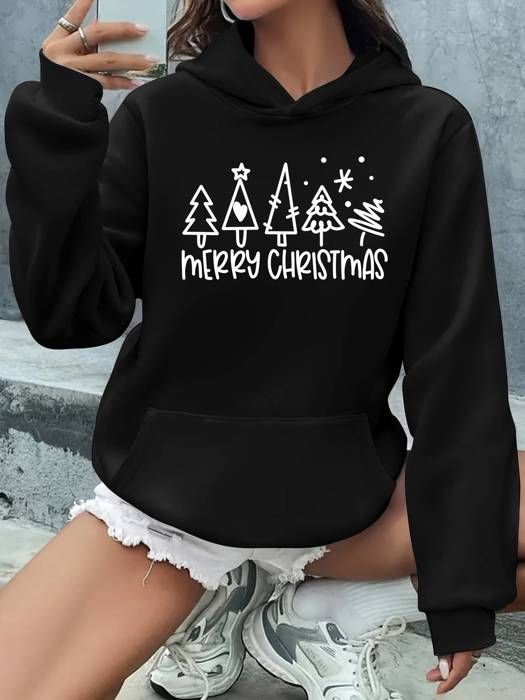 Hoodie - OUTFITS AND MORE - Sweat à Capuche Imprimé Sapin de Noël - Molleton Doux - Résistant au Lavage - Mixte