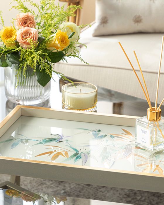 Plateau Décoratif en Verre Bamboo, coloris Crème - Doré, dimensions 30 x 42 cm
