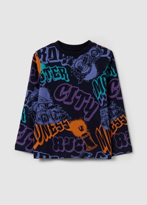 T-shirt - OVS KIDS - Imprimé Graffiti - Manches Longues - 100% Coton - Bleu Nuit