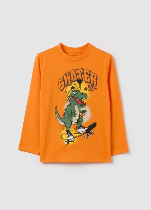 T-shirt - OVS KIDS - Imprimé Dinosaure - Manches Longues - Coton 100% - Couleur Papaye Orange