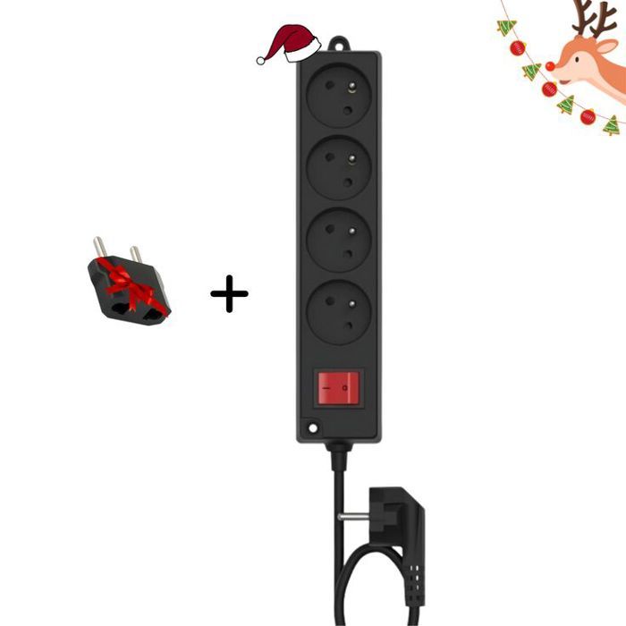 Rallonge Électrique INGELEC Multiprises 4 x 2P+T 1,5m Noir + Adaptateur USA Offert : Idéal pour Noël !