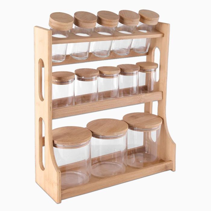 Service de petits pots à épices en verre et bocaux hermétiques – 13 pièces avec support en bambou