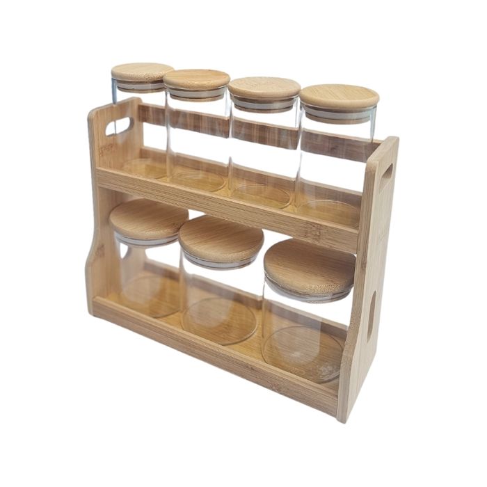 Lot de pots hermétiques en verre avec couvercle en bois  - 7 pièces avec support