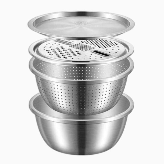 Ensemble de Cuisine 4 Pièces : Saladier en Inox avec Couvercle, Râpe et Passoire