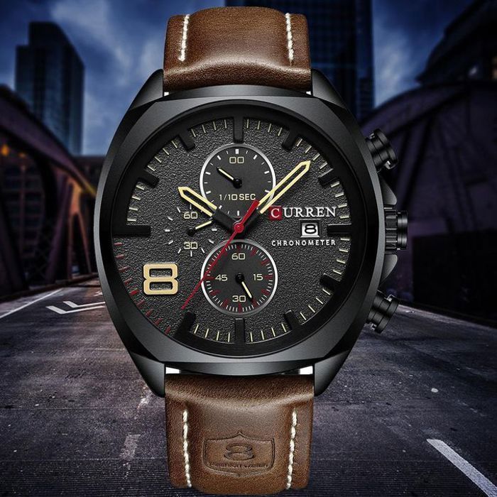 Curren Fashion Casual Leather Men Watches Luxury Sport Military Waterproof Quartz Watch Mens black