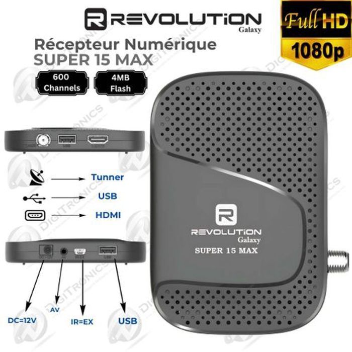 Revolution Récepteur Satellite 15 Max - Full HD 1080p - 6000 chaînes - DVB-S/S2 - 4 MB Flash - HDMI/USB 2.0 - Cable RJ45