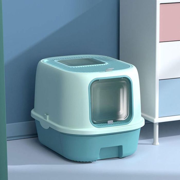 Bac à Litière, Maison de toilette pour Chat avec tiroir - retractable - BLEU