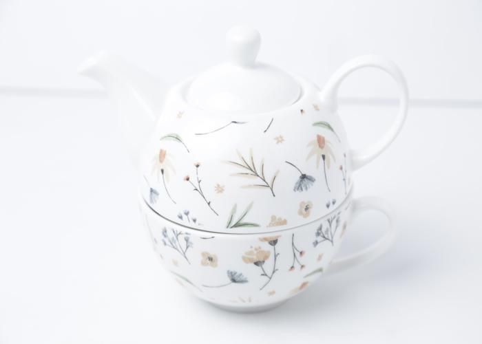 SET THEIERE AVEC TASSE + SOUS TASSE FLEURS EN PORCELAINE