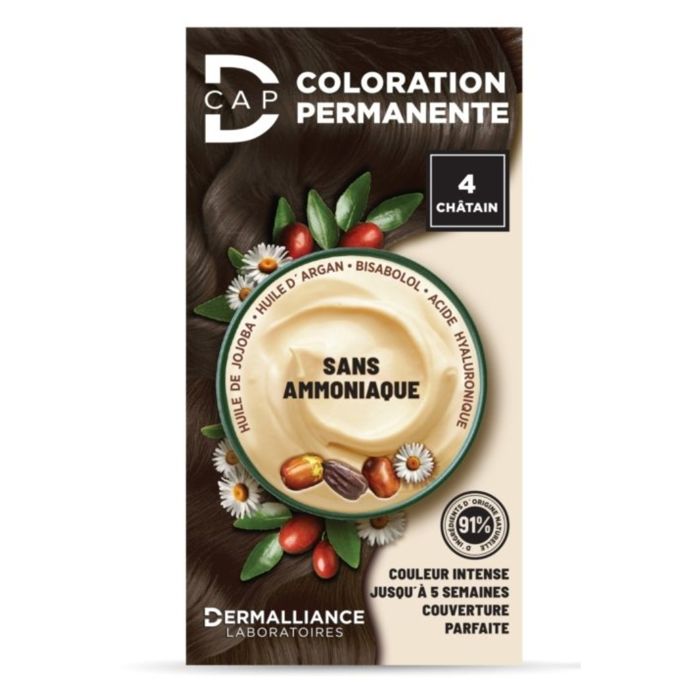 Teinture capillaire - D-CAP - N°4 Châtain - Couverture optimale - Sans parabène - 60 ml