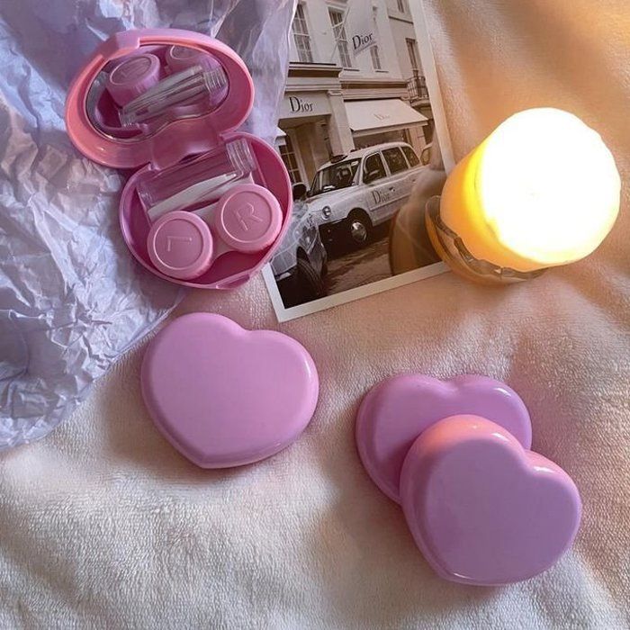 Boîte à Lentilles de Contact avec Pince à Épiler et Miroir - Modèle Porte-Cœur Rose - 1 Pièce