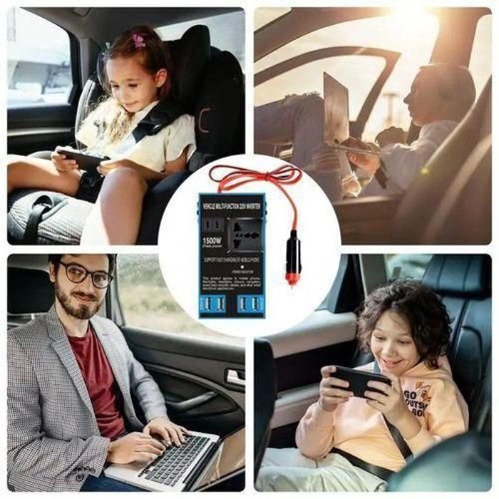 Onduleur de Voiture 1500W - 12V/24V vers 220V AC avec Prises et 4 Ports USB
