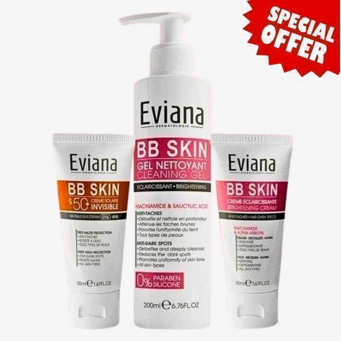 Pack de soins EVIANA - Anti-taches brunes - Crème solaire SPF 50 - Gel nettoyant 200ml - Crème éclaircissante