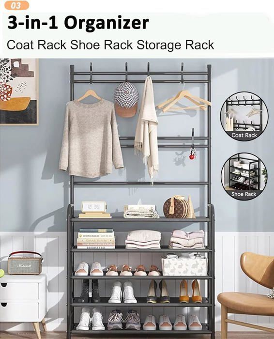 Porte-Manteau et Range-Chaussures 5 Niveaux Glamboost - Organisez votre Entrée avec Style (NOIR)