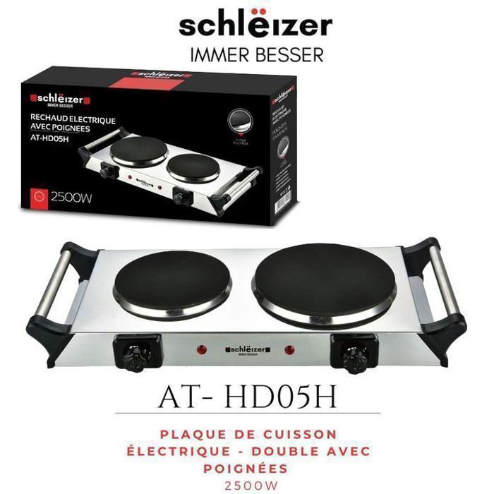 Plaque de Cuisson Électrique - Schleizer - Double Feux - 2500W - Revêtement Antiadhésif - Protection Surchauffe