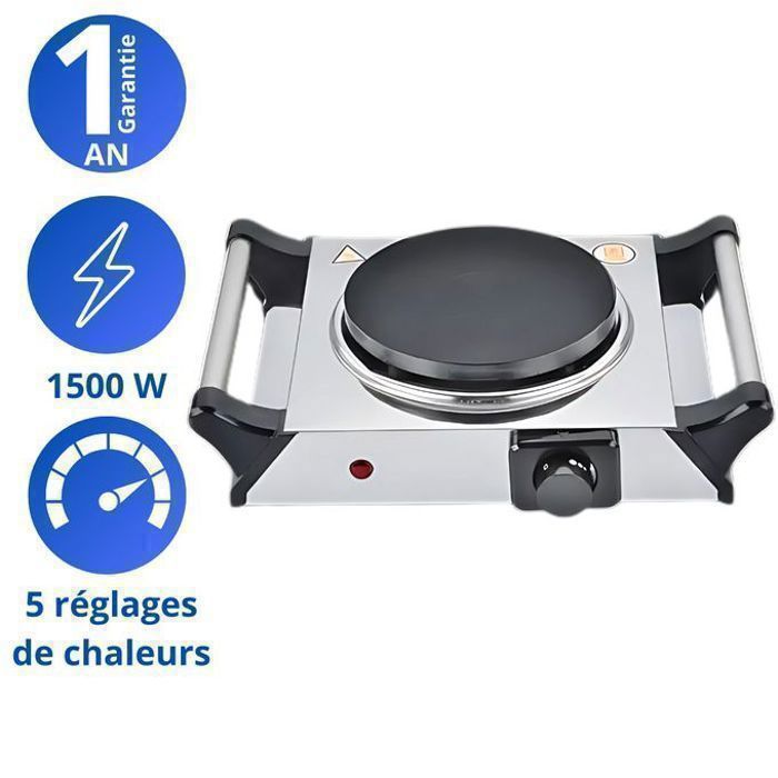 Plaque de cuisson électrique - SCHLEIZER - 1 feu - 1500W - Acier inoxydable - Protection contre la surchauffe