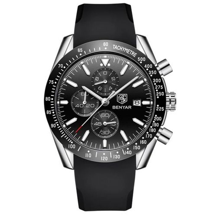 Benyar Montre Bracelet En Silicon Quartz Pour Hommes Etanche Chronographe Noir