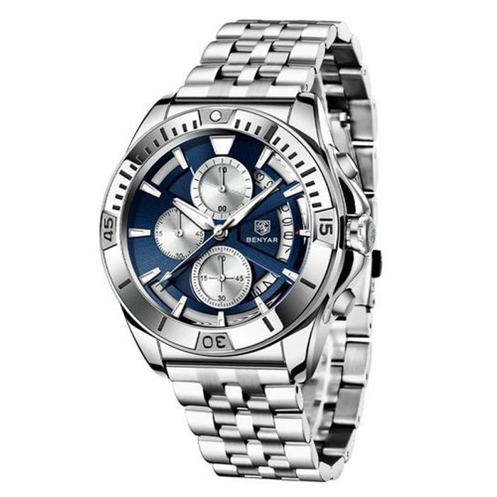 Benyar Montre Bracelet Argent Pour Hommes Quartz Chronographe Bleu