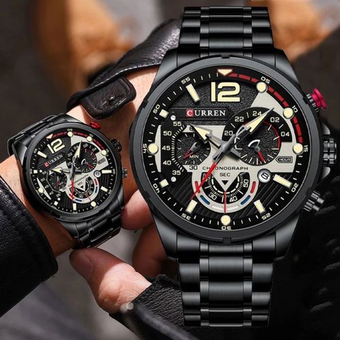 Curren montre homme en acier inoxydable, chronographe lumineuse style de luxe - Noir