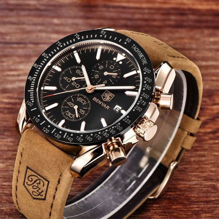 Montre - Benyar - Chronographe - Cuir - Noir - Étanche léger