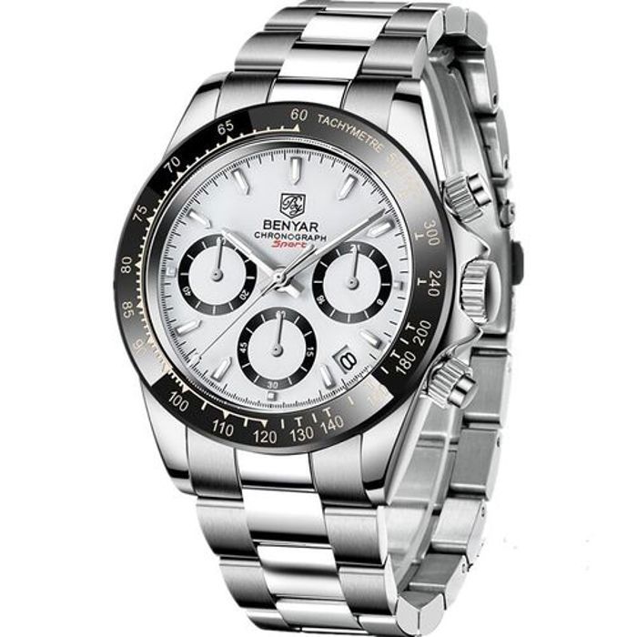 Montre - Benyar - Bracelet Argent - Chronographe - Sport - Noir - Quartz