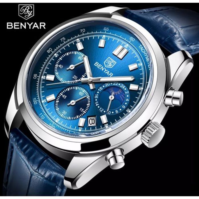 Benyar montre en cuir à Quartz pour hommes, multifonction, avec calendrier d'affaires et loisirs