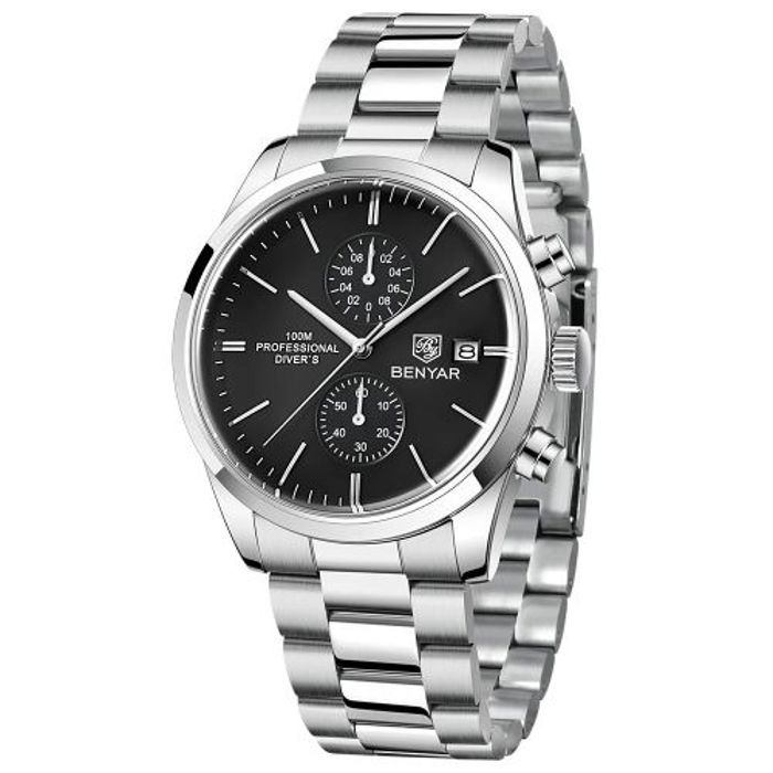 Benyar Montre Bracelet Argent Pour Hommes Chronographe Cadran Noir