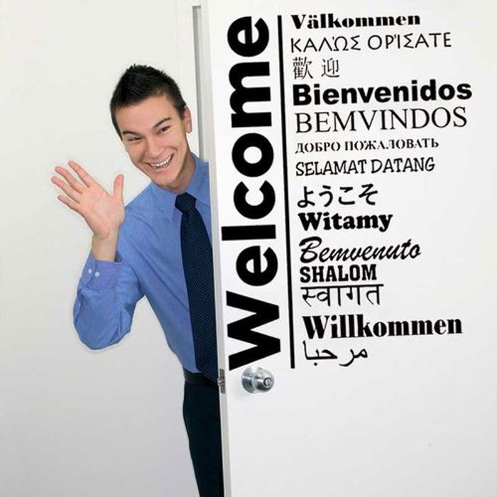 Welcome sign vinyl wall stickers in multiple languages to greet customers