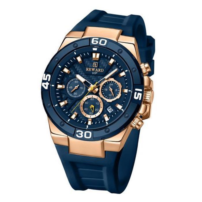 Montre - REWARD - Chronographe - Silicone - Bleu - Acier Doré