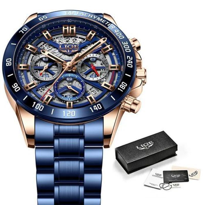 Montre - Lige - Chronographe de sport - Étanche 100M - Quartz - Bleu