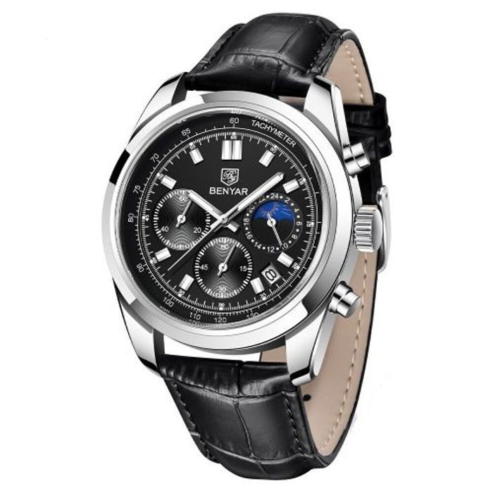 Benyar - Montre bracelet en cuir noir quartz pour hommes etanche chronographe - 204
