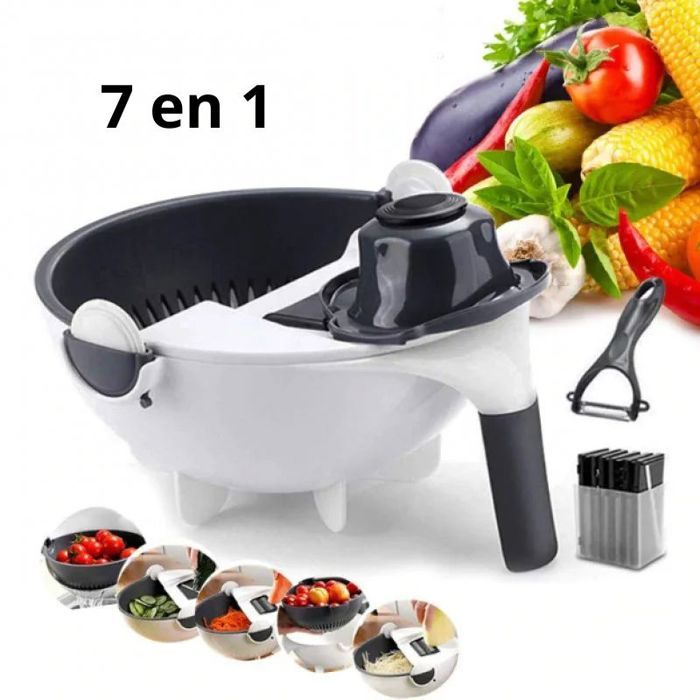 Râpe Coupe Légumes 7 en 1 avec Panier de Vidange et Lames Interchangeables