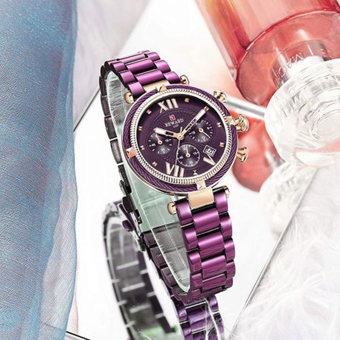 Montre - REWARD - Luxe à Quartz - Bracelet en Acier - Couleur Violet - Étanchéité 3 ATM