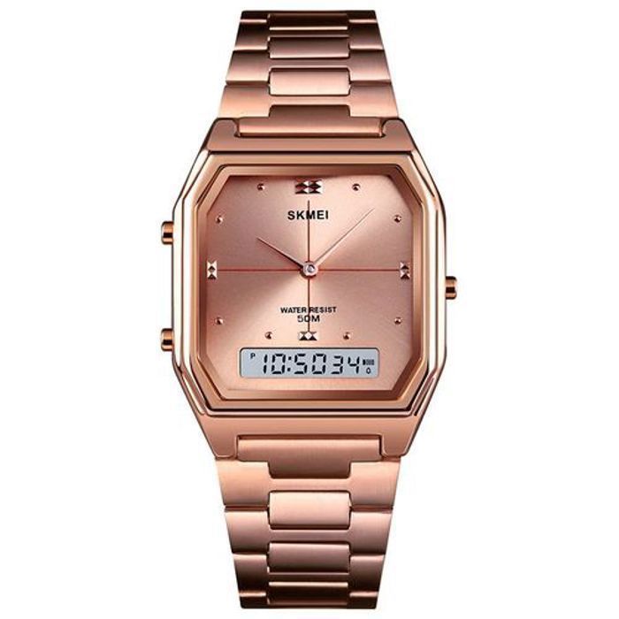 Montre numérique Skmei pour hommes, montre-bracelet décontractée à double affichage en acier inoxydable, étanche, pour hommes