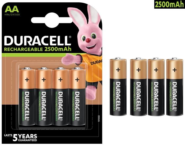 Duracell Lot de 4 Batterie 2500mAh Rechargeable pile préchargée AA (Ni-MH) x4 Pro