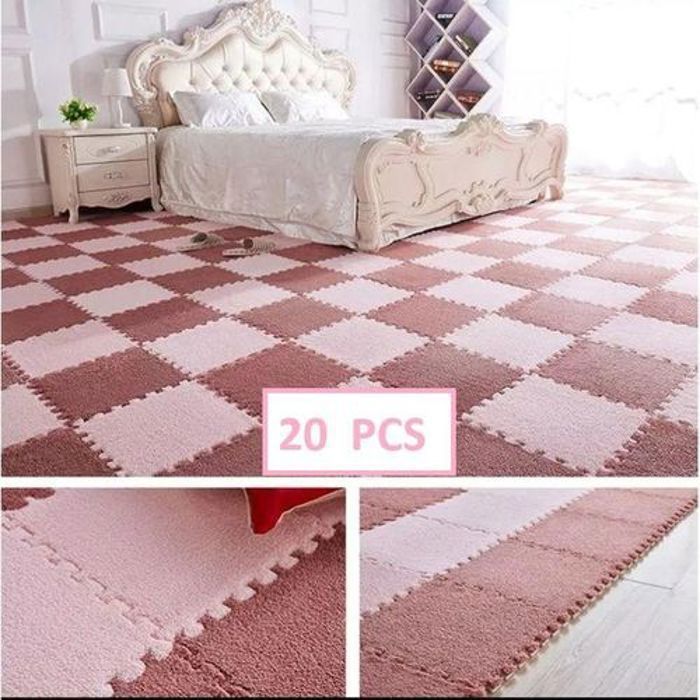 Tapis puzzle chambre et salon en peluche 20 pcs - Marron et Rose