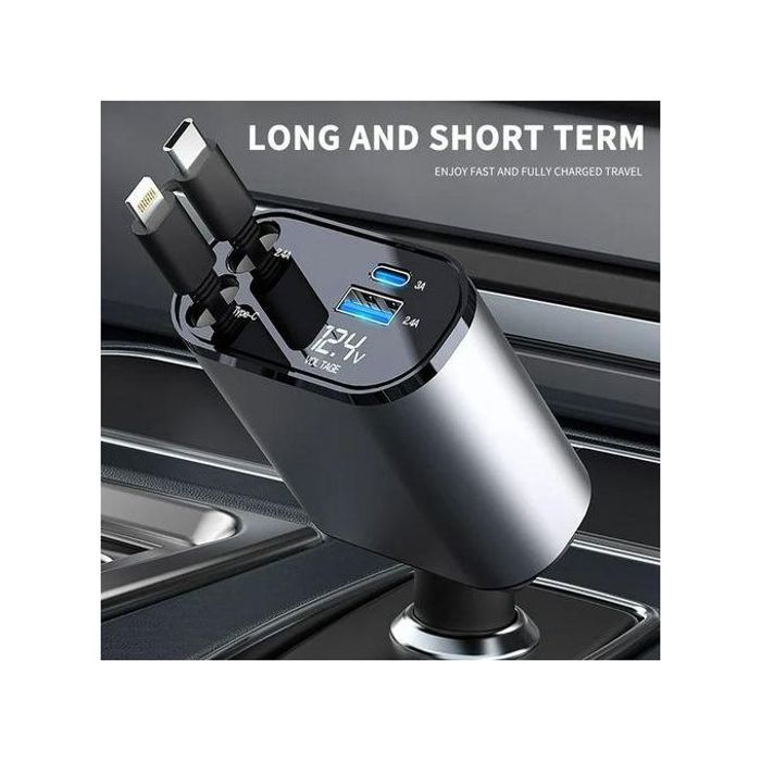 Fast Charger Chargeur de voiture 120W Avec Cable Intégré rétractable Lightning + Type-C