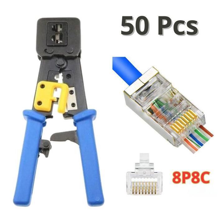 Pince Professionnel à sertir RJ45 RJ12 RJ11 - Avec Crémaillère + 50 connecteurs RJ45 Cat6 Cat5 8P8C