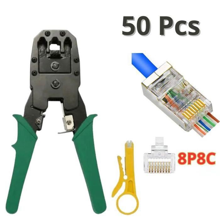 Pince Professionnel à sertir RJ45 RJ12 RJ11 - Avec Crémaillère  + 50 connecteurs RJ45 Cat6 Cat5 8P8C