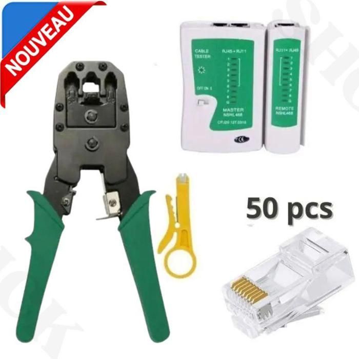 Pince à sertir Professionnel Câble Réseau LAN Téléphone RJ45 RJ12 RJ11 + Testeur + 50 connecteurs RJ45 Cat6 Cat5